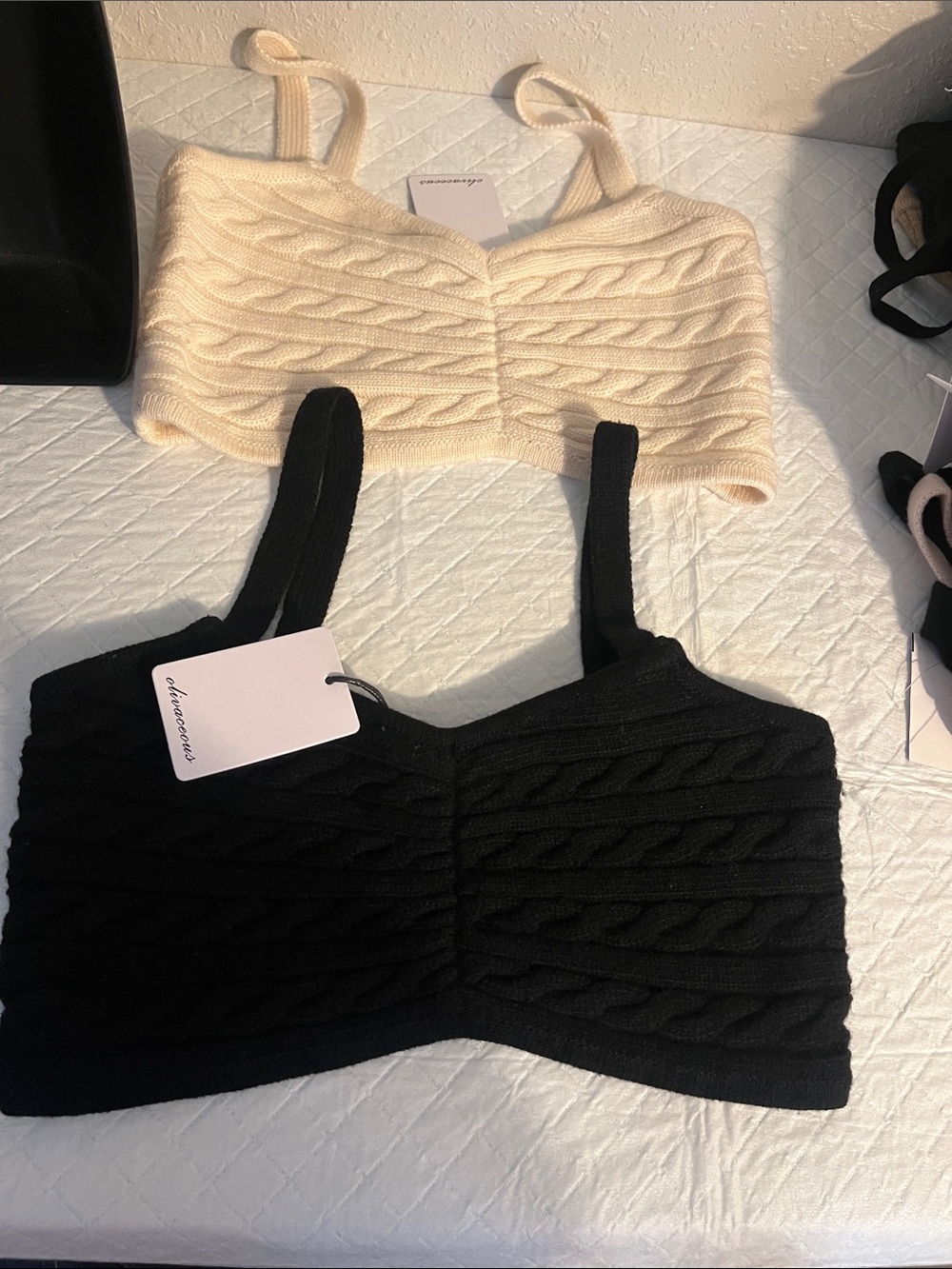 Olivaceous Cable-Knit Cropped Tank Top in Cream and Black